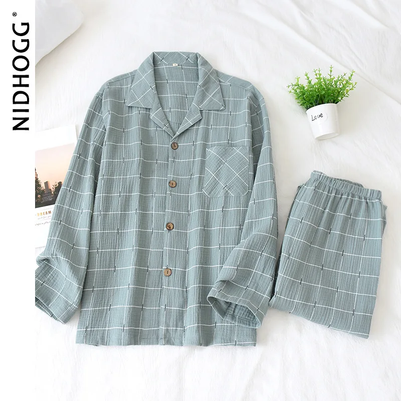 

Couple's Plaid Combed Cotton Gauze Pajamas Men's and Women's Long Sleeve Thin Sleepwear 2 Piece Set Autumn Loungewear Nightwear