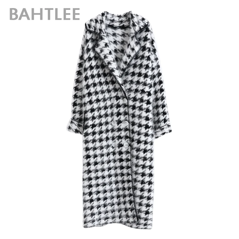 BAHTLEE Women Angora Long Coat Houndstooth Pattern Sweater Winter Wool Knitted Cardigans Jumper Turn Down Collar Sleeves |
