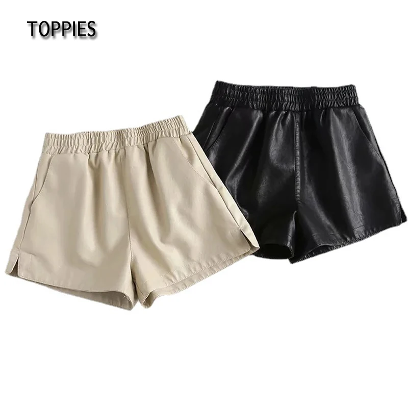

Toppies 2021 Autumn Pu Leather Shorts Motorcycle Style High Waist Wide Leg Shorts Women's Elastic Waist Solid Color Bottoms
