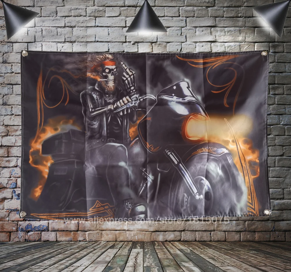 Череп с мотоциклетным курением средний палец пожарный баннер домашнее украшение