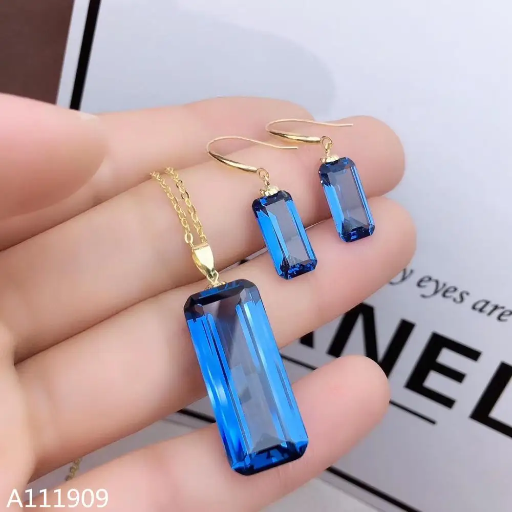 KJJEAXCMY boutique jewelry 18K gold  inlaid Natural Blue topaz pendant ring Women's set support detection