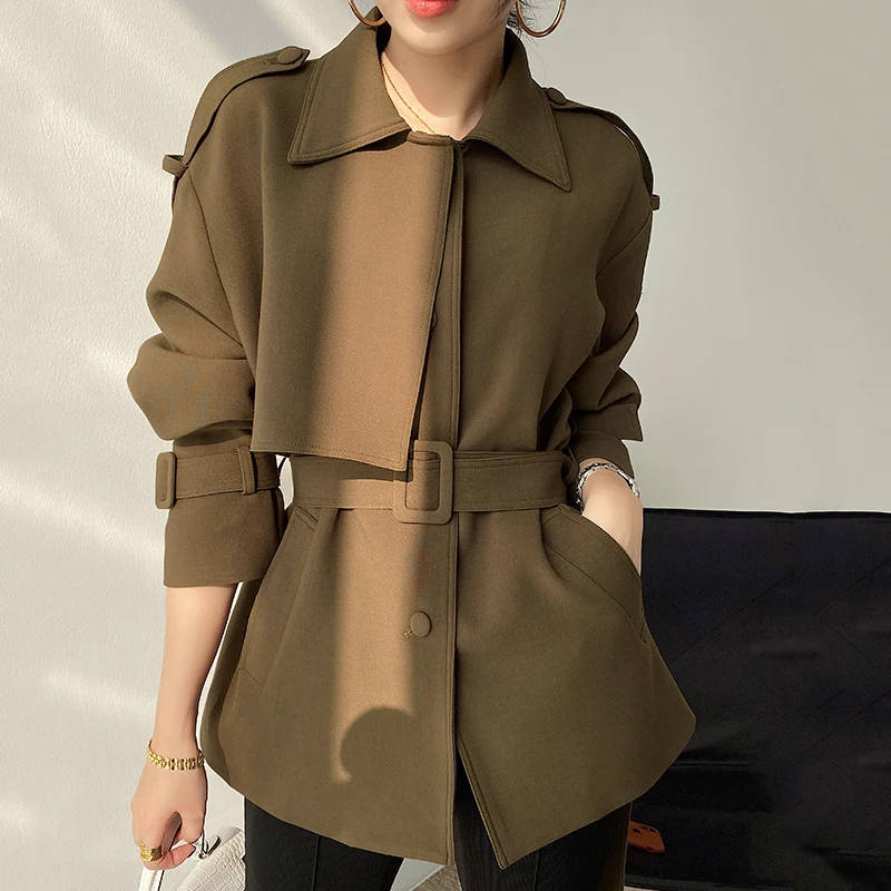 

Windbreaker Fashion Tide Spring Autumn Women Brown Stitch Big Size Trench New Lapel Long Sleeve Loose Fit