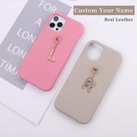 custom name real leather cowhide phone shell case for iphone 11 12 pro mini max x xr xs 7 8plus pendant metal letters cover