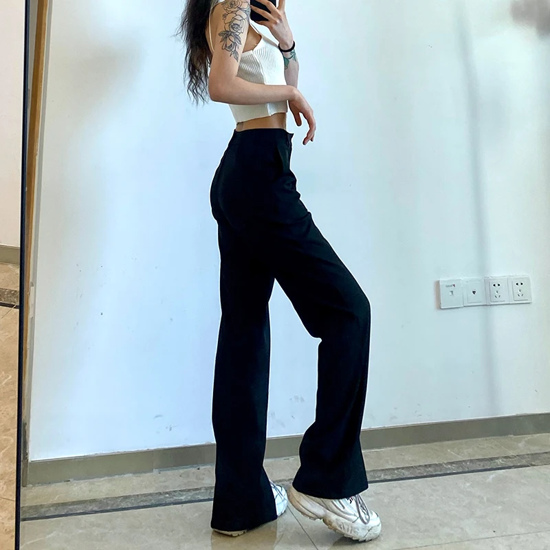 

Женские повседневные длинные брюки, черные однотонные прямые брюки с высокой талией, S/ M/ L, 2021