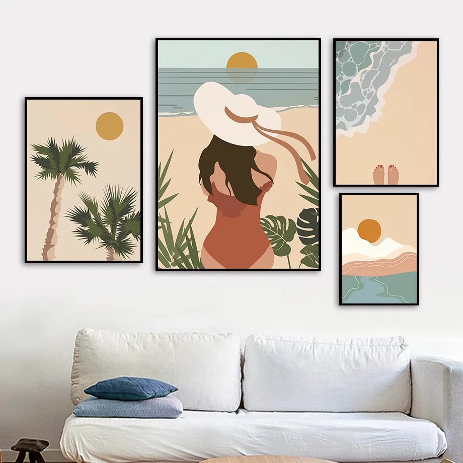 Девочка солнце Тигр море дерево фрукты ваза абстрактный скандинавский постер и