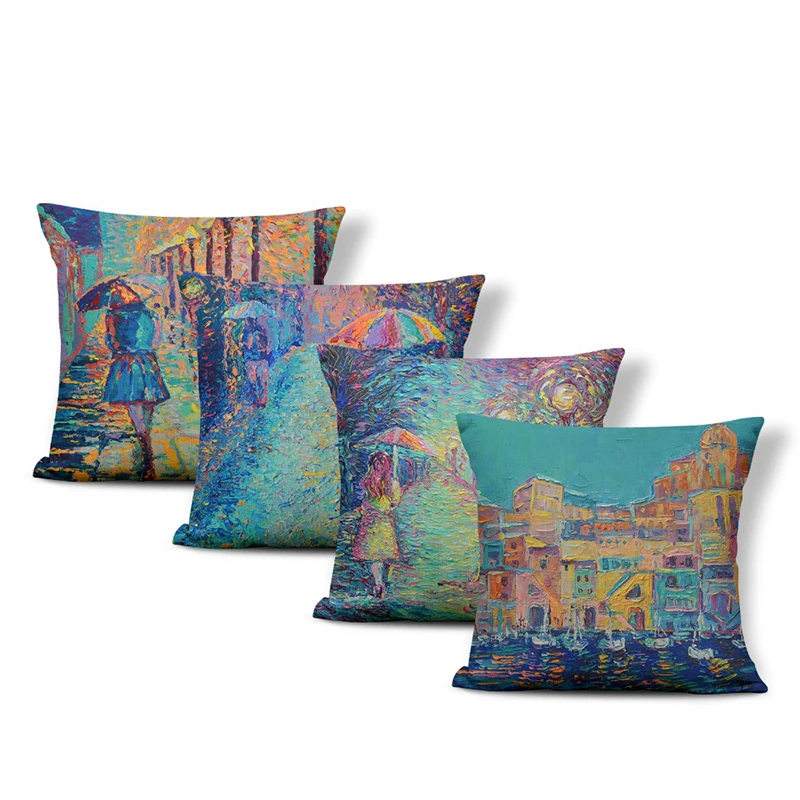 Искусство Масляная живопись стильная Подушка городская лодка уличная лампа