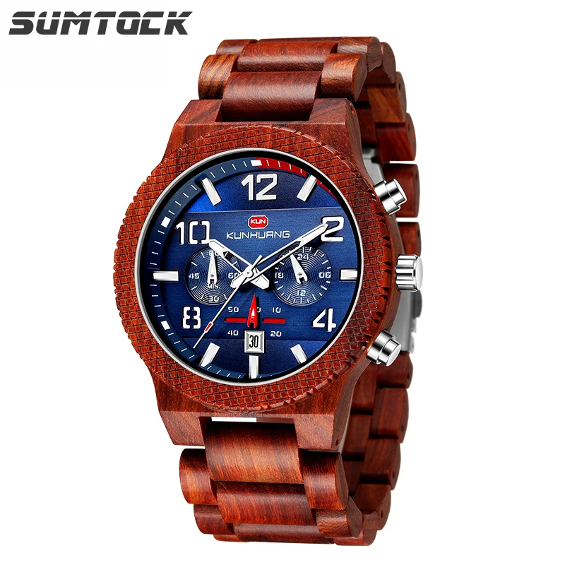 

SUMTOCK Luxury Wooden Sports Men's Quartz Watches Relogio Masculino Stylish Multi-function Chronograph Military Watch for Man