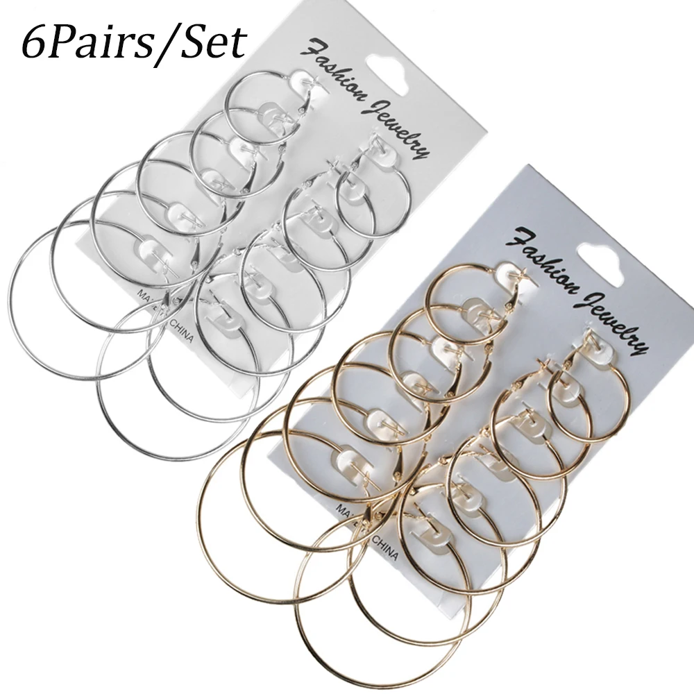

6Pairs Hoop Earrings Set Big Circle Earring Fashion Jewelry for Women Girls Steampunk Ear Clip Korean Earrings NEW