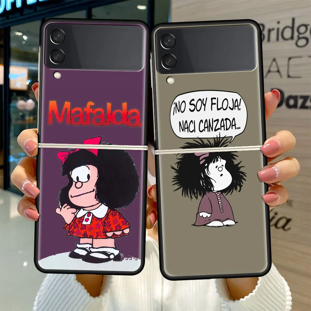 

Black Hard Case For Samsung Galaxy Z Flip 3 5G Luxury PC Shockproof Phone Cover ZFlip 3 Bumper Fundas Cartoon Girl Mafalda Coque