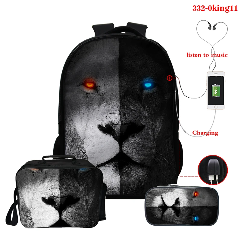 

16 Inch Mochila King Lion Schoolbag Kid Zipper Bookbag Boys Girls School Backpack Children Lion 3D Print Backpack Teen Lunch Bag