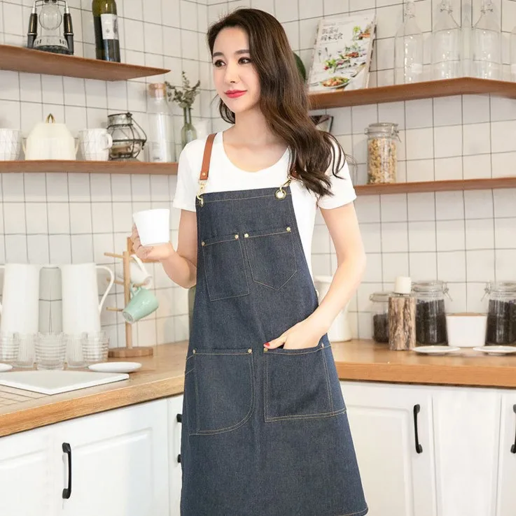 blue 1 шт джинсовый фартук комбинезон Кофейня Ресторан KitchenForal ручная работа анти-обрастающий Модный корейский ремень черный фартук - Цвет: blue