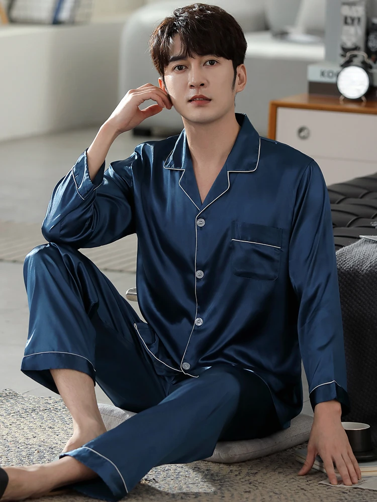 New Large Size Men Pajamas Ice Silk Long Home Pants For Men Solid Blue 2 Pieces Sleepwear Spring Pjs Bedgown Grey Homme Pijamas