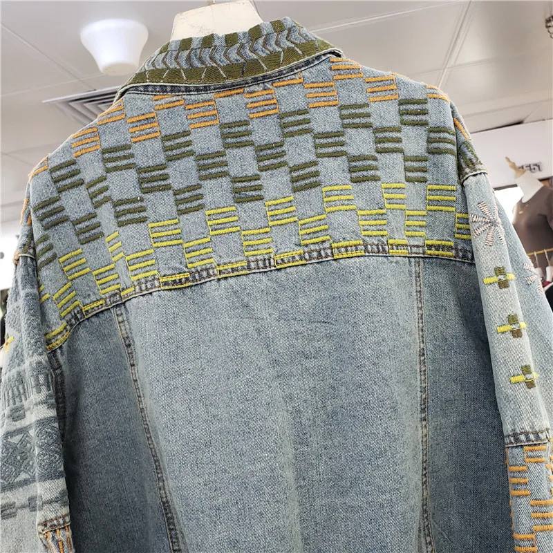 

Vintage Embroidery Women Denim Jacket Spring and Autumn Lapel long sleeves Loose Jeans Jackets Fashion Female Casually Coat