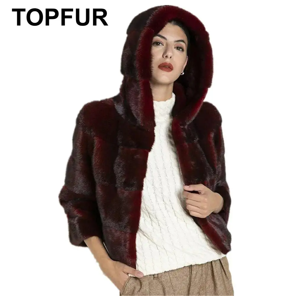 TOPFUR New Real Fur Coat Women Wine Red Coat With Hooed Jacket Short Natural Mink Fur Coat With Hooed Three Quarter Sleeves