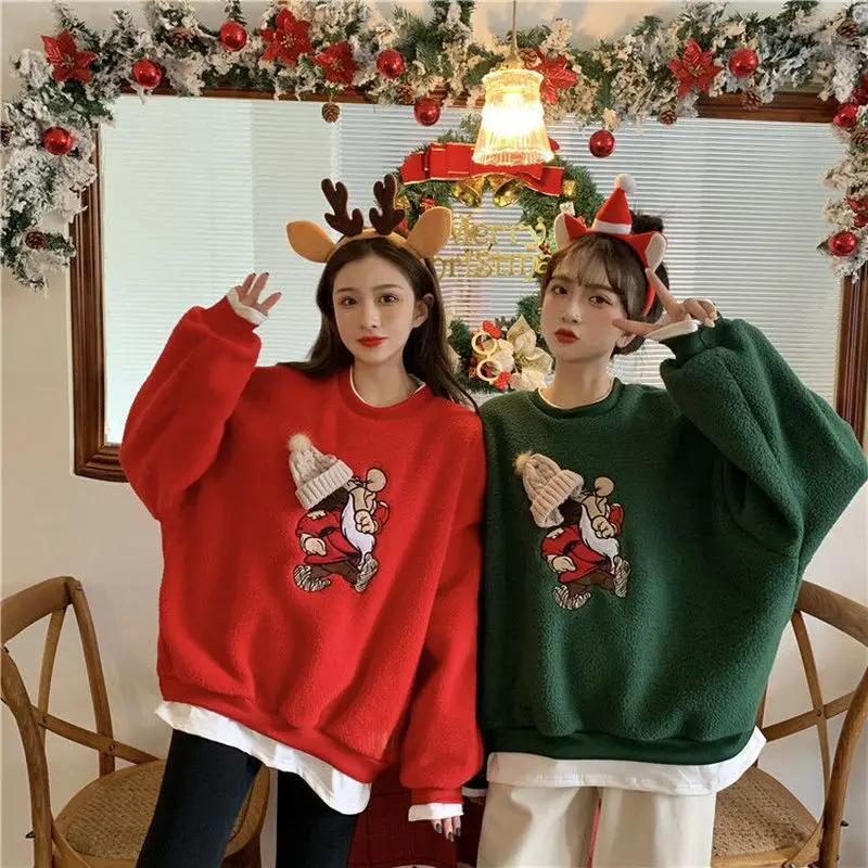 

sweatshirts women winter Fake Two-piece splicing Christmas red lamb wool Woman Printed coats Korean Lose Thick 2021 Woman top