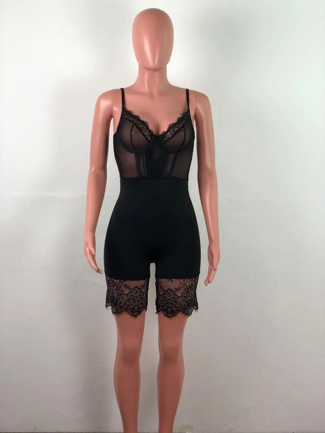 

Solid Backless Lace Sexy Strap Playsuits Women Deep V Mesh Club Body Jumpsuits 6 Colors Romper Female Bodysuits Lady Shorts 2019