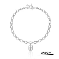 masw original design metal brass chain necklace simply design one layer silver plated hollow pendant necklace women jewelry
