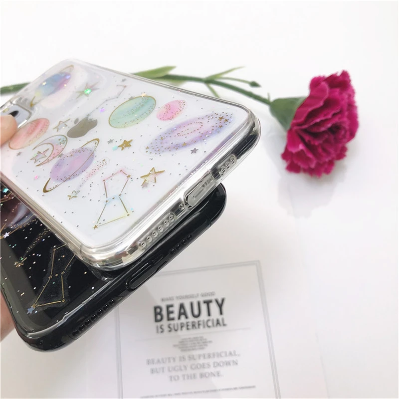 Блестящий чехол для телефона с изображением космоса планеты звезд Луны iphone 11 Pro X