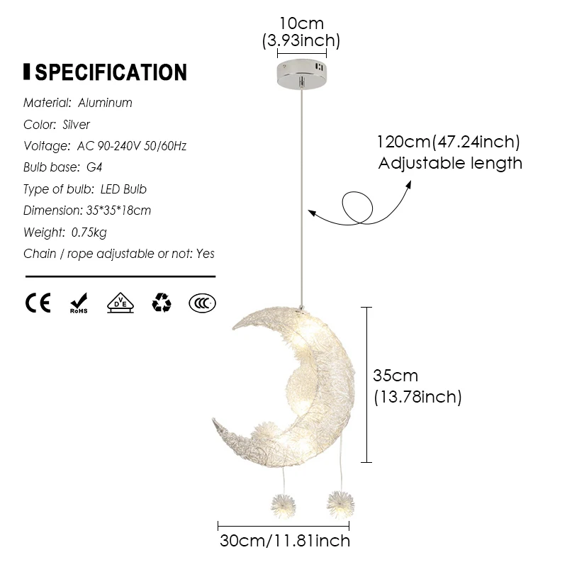 Светодиодный подвесной светильник в виде Луны Потолочная люстра для спальни