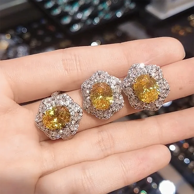 

New Brand Design Yellow CZ Crystal Wedding Jewelry Sets Rings Stud Earring For Women Silver Color Jewelry Valentine’s Day Gifts