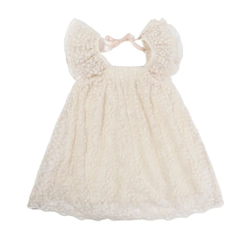 

2021 Girls Summer Square Neck Flying Sleeve Lace Dress Kids Dresses for Girls Princess Dress for Girls Knee-Length Dresses