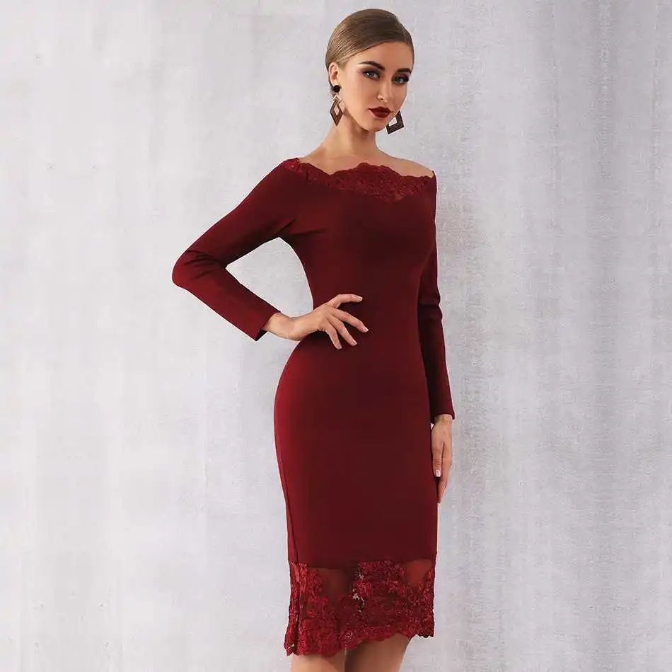Seamyla, новинка, женское Бандажное платье, Vestidos, с вырезом лодочкой, кружевное, для знаменитостей, вечерние, сексуальное, винно-красное, черное, облегающее, Клубное платье