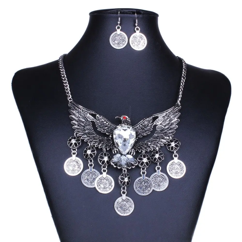 

New Crystal Eagle Coin Tassel Bib Statement Necklace Earring Set Metal Hollow Out Owl Exaggerated Jewelry Set For Women