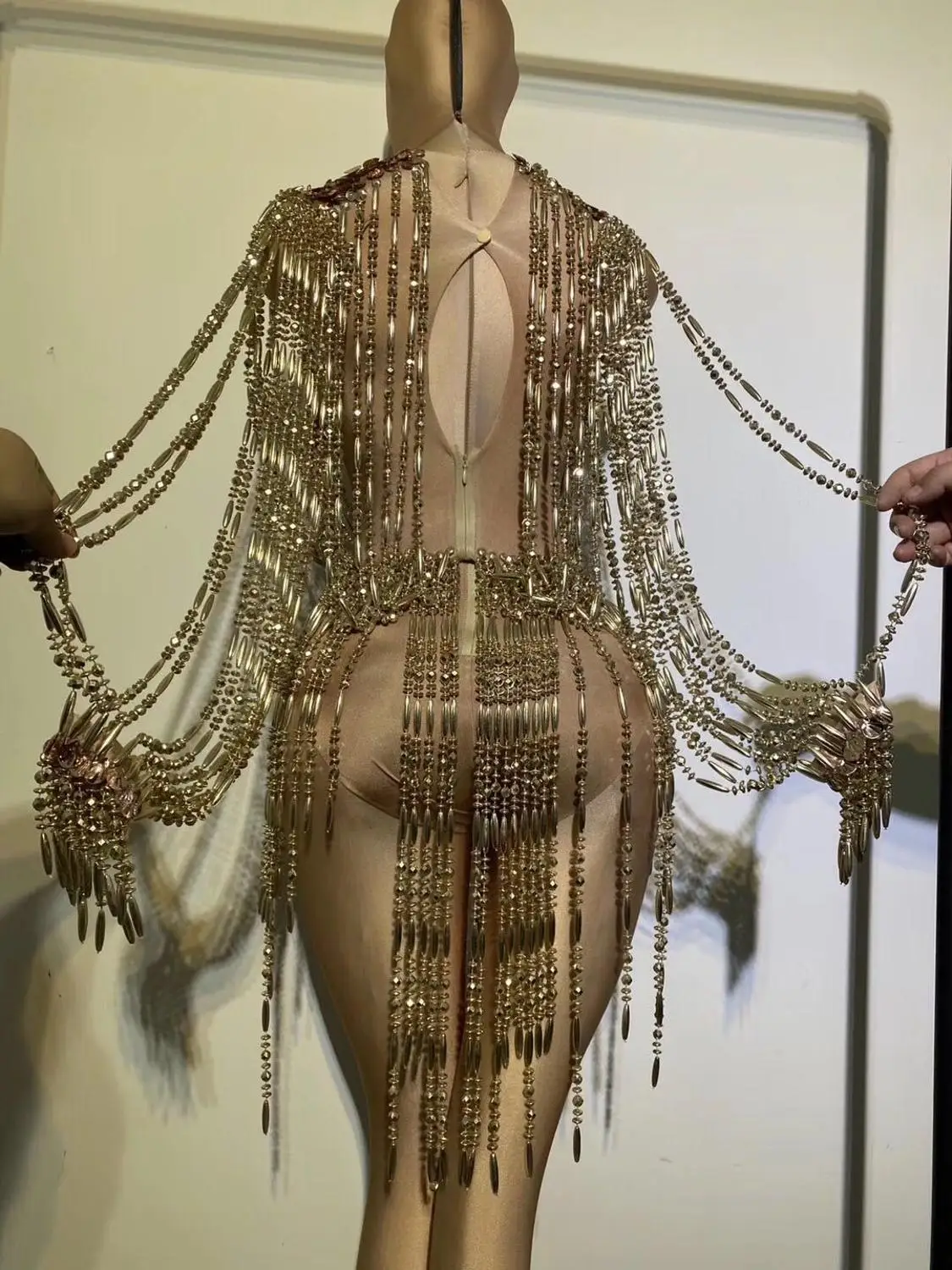 Shining Beaded Chain Tassel Sleeve Bodysuit Sexy Leotard Performance Stage Dance Costume Women Birthday Party Celebrate Outfit