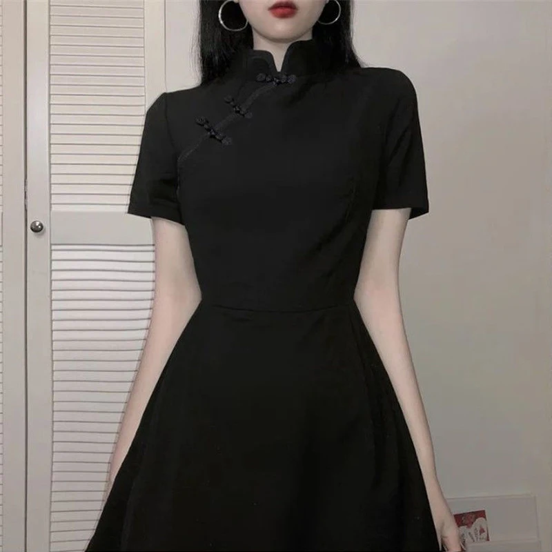 

GothGotik Gothic Black Vintage Chinese Cheongsam Style Women Dress Slim Sexy Elegant Lace Trimmed Bodycon Party Performance