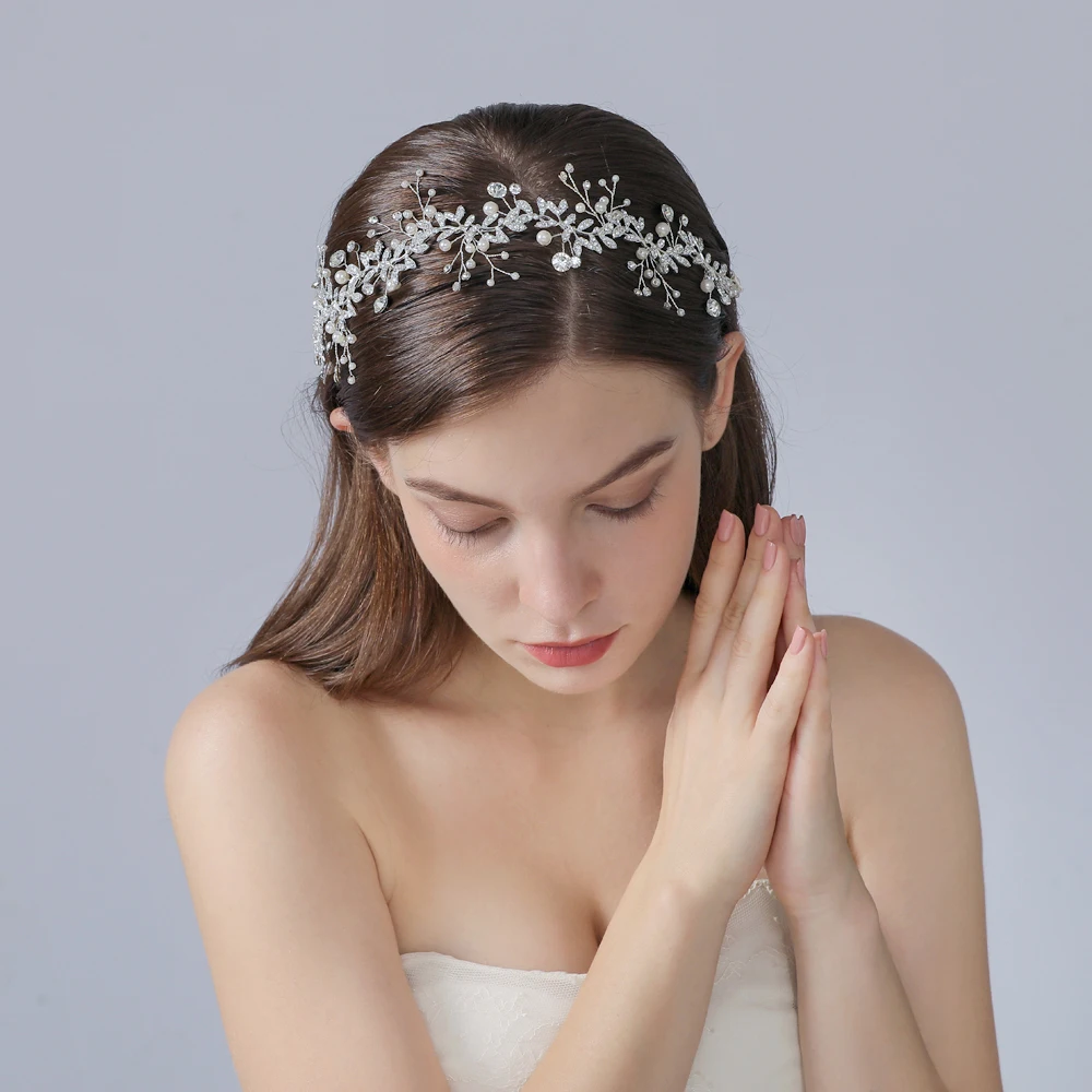 

100% Handmade 3 Colors Wedding Headband Rhinestone Pearl Jewelry Women Wedding Hair Band Bridal Alloy Leaves Bridal Headpiece