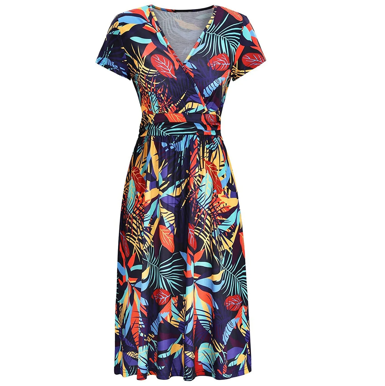 

Floral Print Fashion Boho Shirt Knee Length Dress Women Casual Ladies Holiday Summer Dress Female High Waist Beach Dresses 55