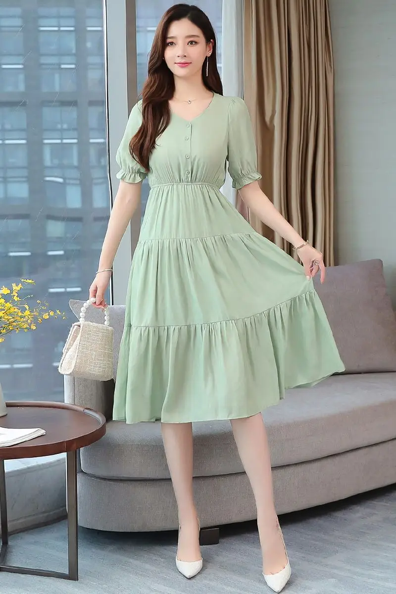 

COIGARSAM Chiffon Women dress New Summer High Waist Dresses Pink Green 8977