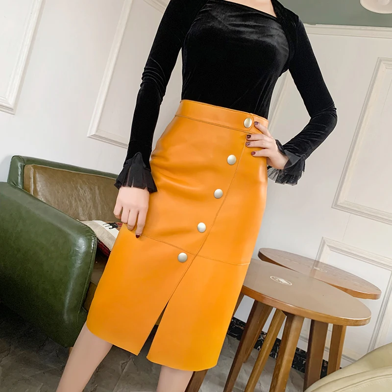 2020 New Winter Women French Retro Split Genuine Leather 65cm Long Skirt Female Knee Over Buttons Wine Red/Yellow Saia Faldas