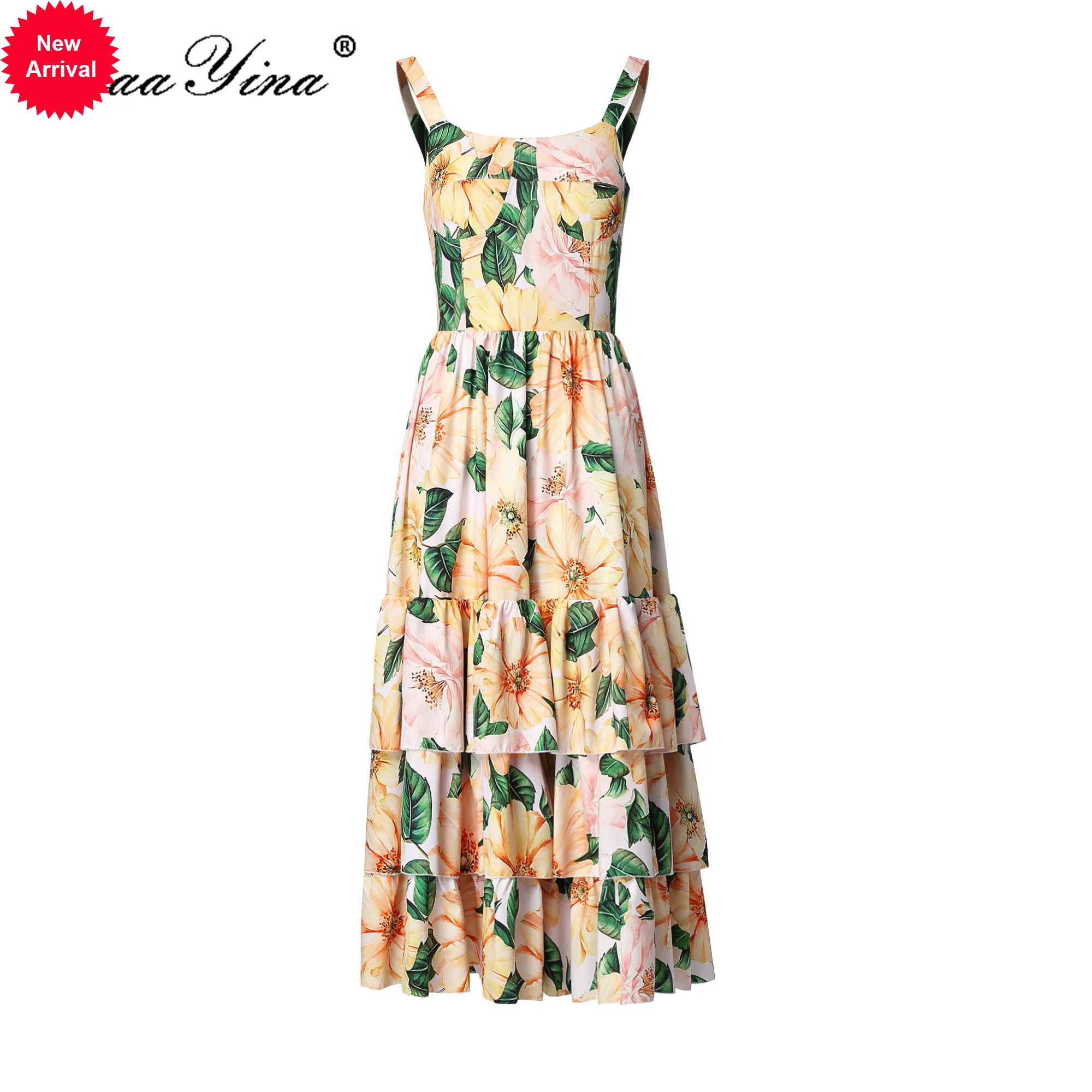 

Fashion Designer Dress Summer Women's Spaghetti strap Backless Camellia Floral Print Cascading Ruffle Vacation Dresses