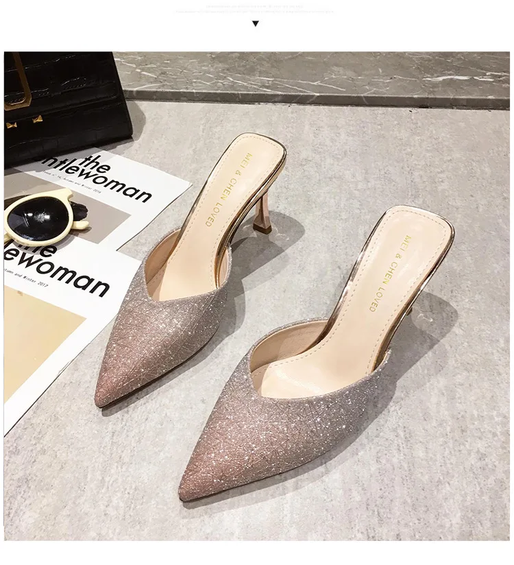

Slippers Casual High-Heeled Shoes Lady Low Slides Slipers Women Pointed Toe Luxury Thin 2021 Bling Rome Basic Fabric PU Sexy Fas