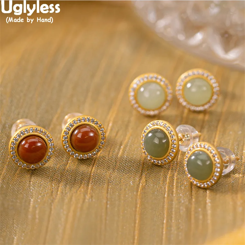 

Uglyless 10MM Perfect Round Natural Jade Agate Studs Earrings Women MINI Gemstone Earrings 925 Silver Elegant Lady Dress Jewelry