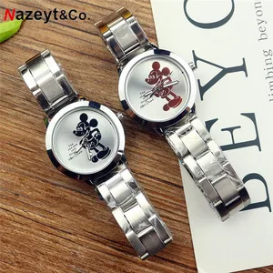 Часы женские кварцевые со стальным браслетом, милая мультяшная мышь, циферблат, средняя длина, для мальчиков и девочек