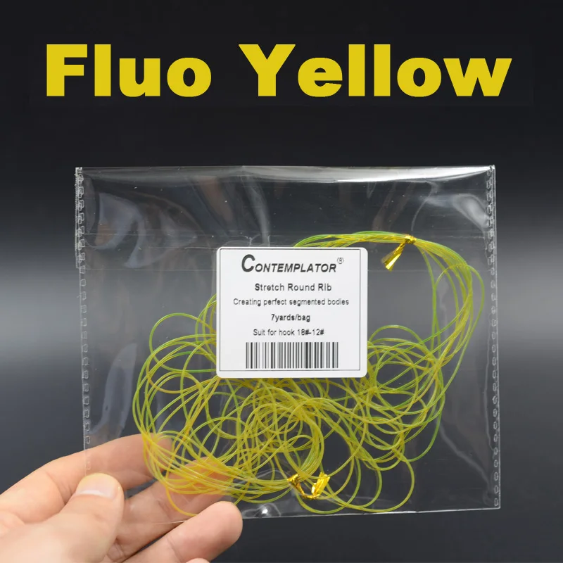 Fluo yellow 7 ярдов/сумка, 9 цветов, растягивающиеся ребра для завязывания мушек, 0,6 мм, круглые прозрачные личицы, Нимфа, ребристая лента, сегментированные материалы для тела, леска для ловли нахлыстом - Цвет: Fluo yellow