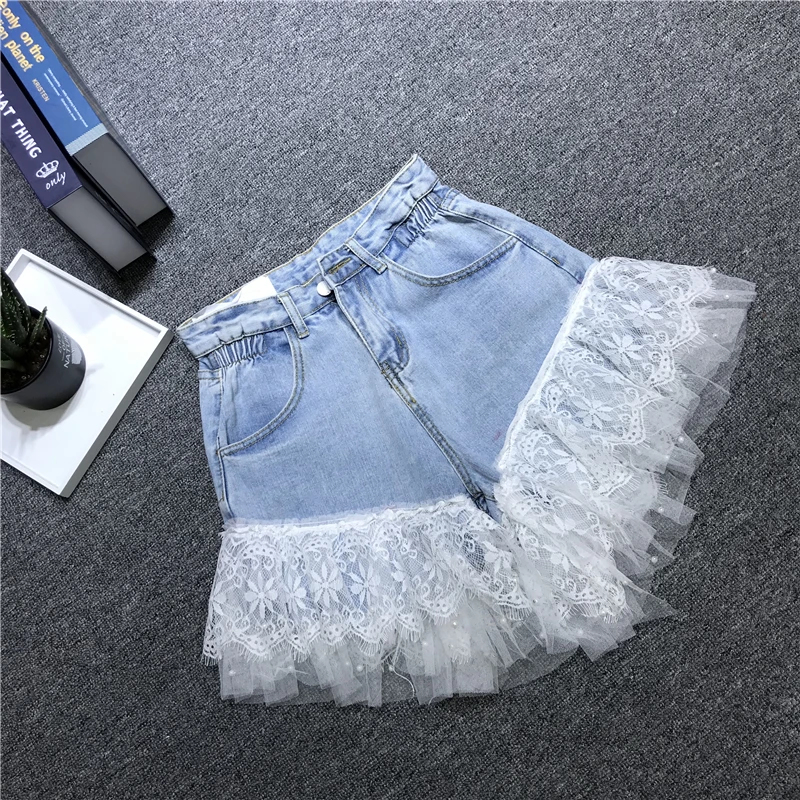 Кружевные сшитые джинсовые шорты женские летние свободные с высокой