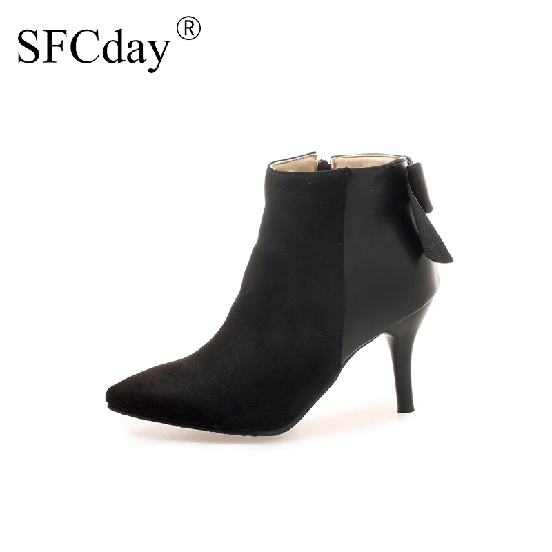 Женские ботильоны из флока на высоком каблуке с бантом молнии острым носком в