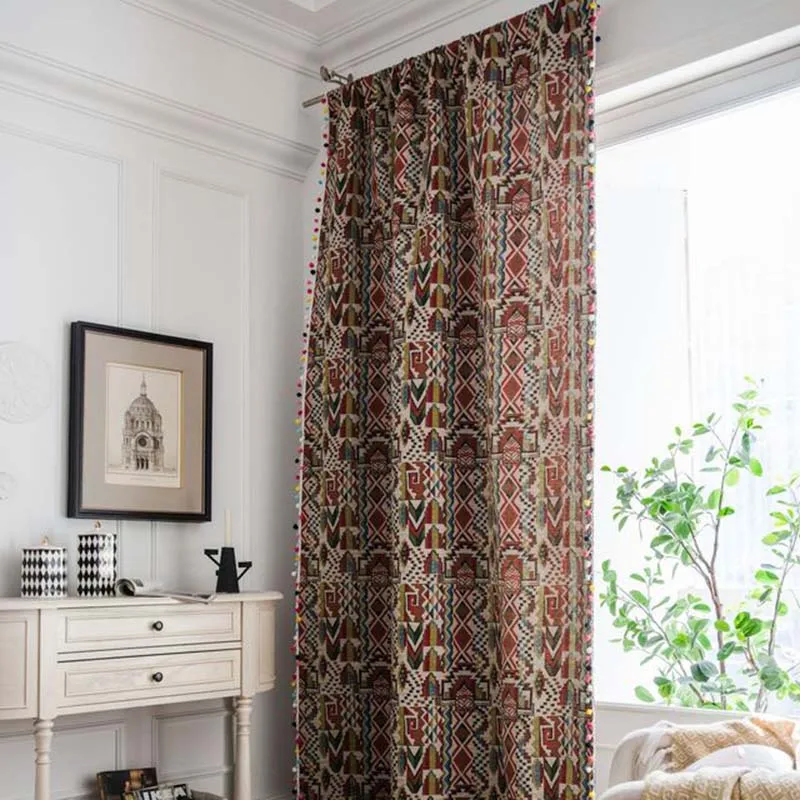 

Bohemian Jacquard Multicolor Geometric Window Curtains Tassel Darkening for Kitchen Livingroom Semi-Shading Sheer 1 Panel TJ6187