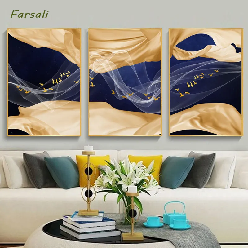 Abstract Moon Wall Art Canvas Painting Golden Mountain Birds Nordic Posters and Prints Pictures for Living Room Home Décor | Дом и сад