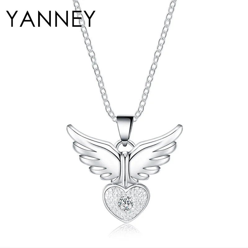 

YANNEY 925 Sterling Silver 18-inch Exquisite Wings Heart Pendant Necklace For Women Fashion Zircon Wedding Party Gift Jewelry
