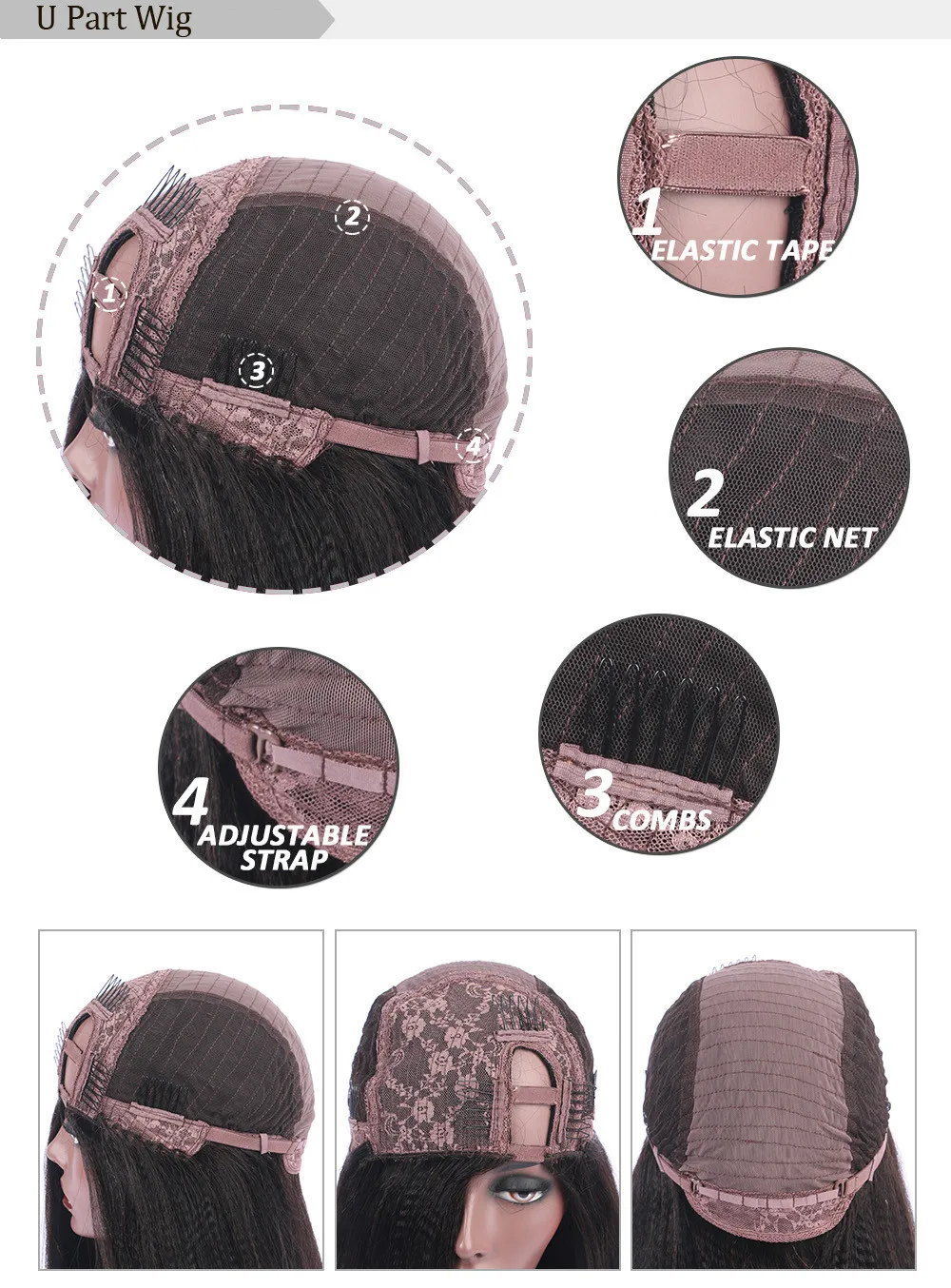 #4 цвета u-образные человеческие волосы парик прямые левая/правая/средняя часть