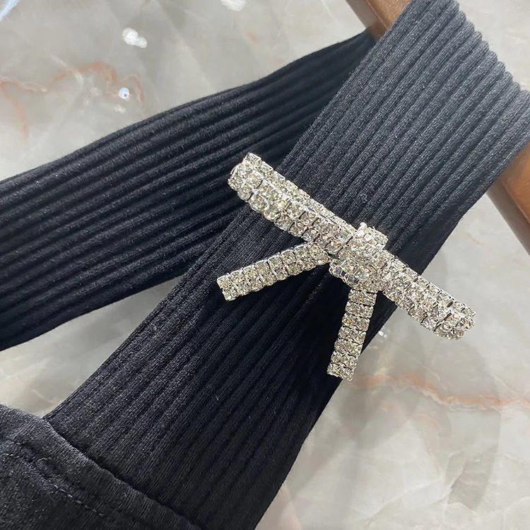 

Luxury Brand Removable Diamond Bow Decoration Top Women Summer Tank Pleated X-shaped Strap Elastic Stretch Crepe Camis