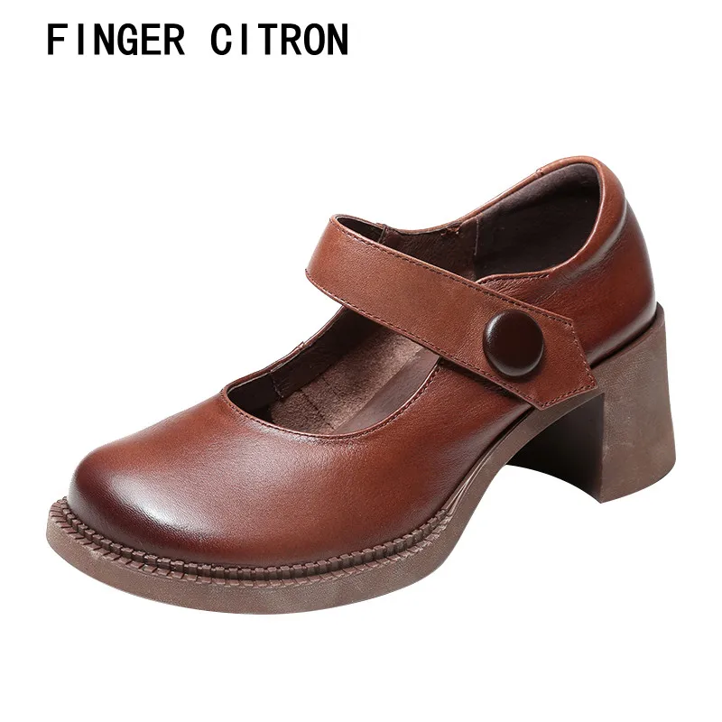 

Finger Citron Women Mary Jane Shoes Genuine Cow Leather Round Toe Comfortable Rubber Outsole By Handmade Lady Style Size 35-41
