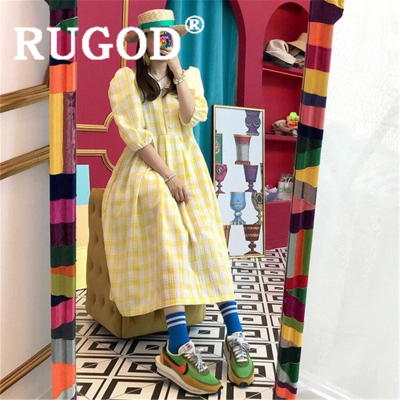 Женское винтажное платье в клетку RUGOD Свободное длинное с v образным вырезом и