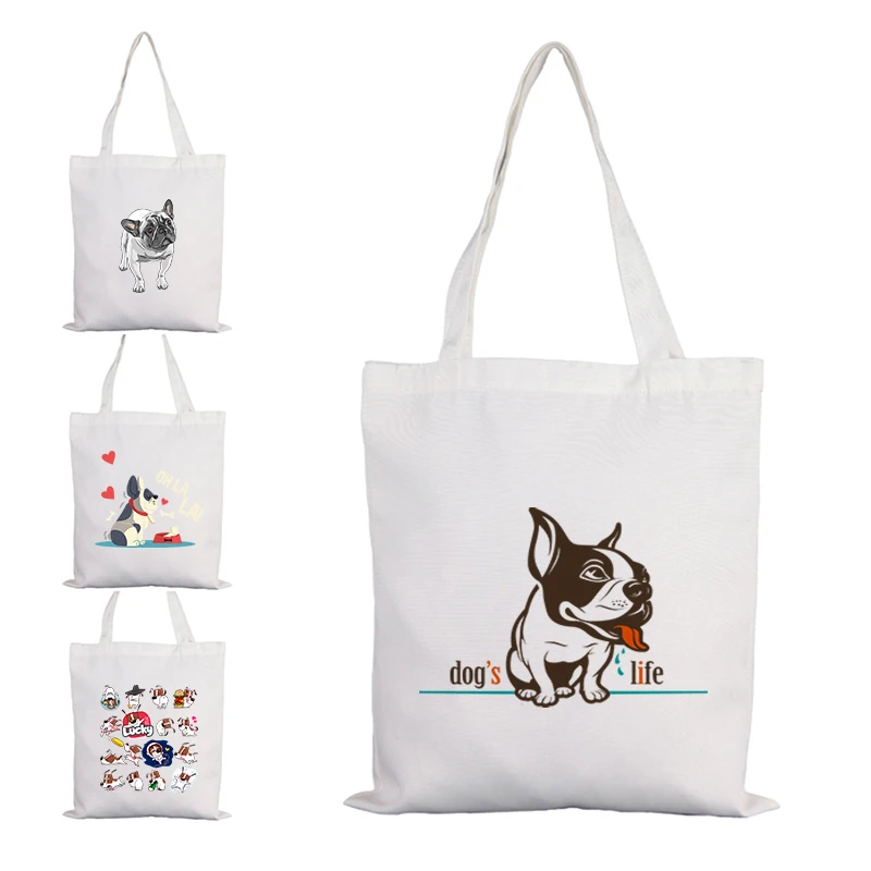 

Bulldog Cute Cloth Bag Canvas Tote Women's Bags Cheap Shopper Grocery Customizable Fabric 2021 Designer Handbags for Printed Big