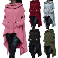 women solid color asymmetric hem drawstring hooded sweatshirt loose poncho coat