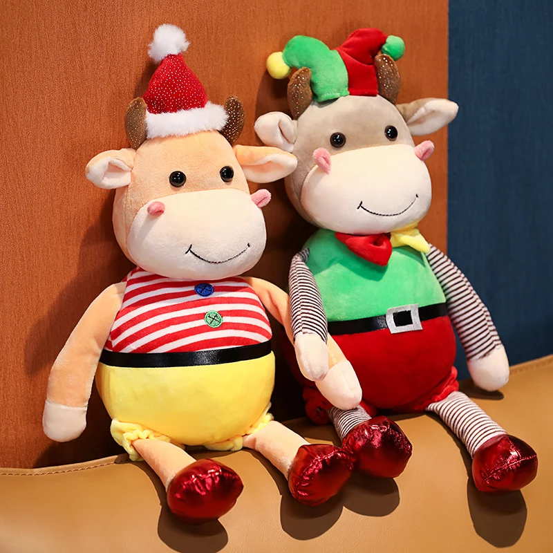 

35cm New Year Tie Stripe Style Mascot Cow Doll Plush Toy Christmas Clown Gift Toys PP cotton for Teens Large Stuffed Toys
